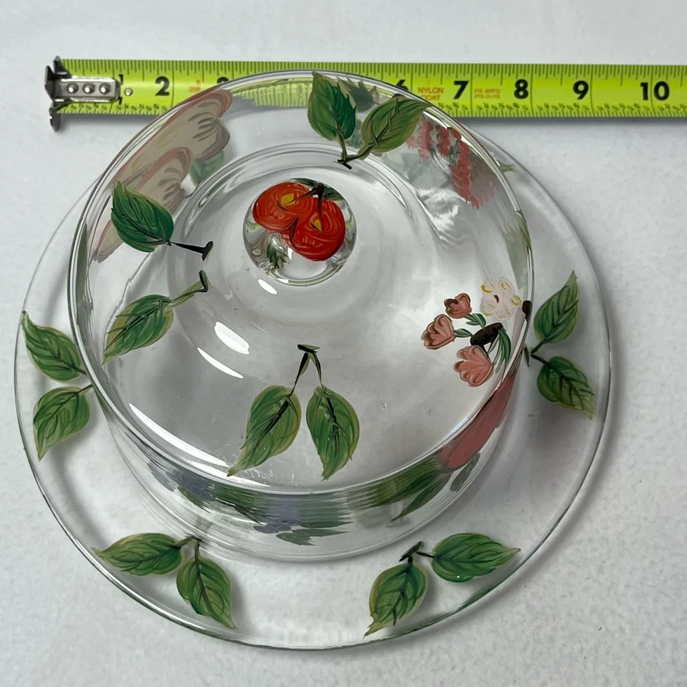 Vintage  Hand-Painted Glass Butter Dish with Red Fruit Motif